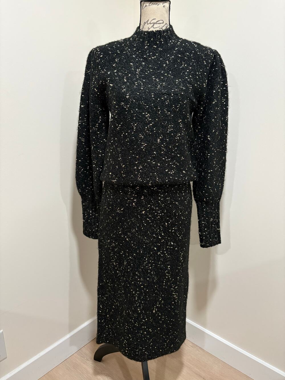 Ann Taylor Factory 2 Piece Black Puff Sleeve Sweater & Skirt Set Size Medium